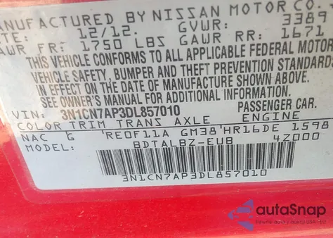 2013 Nissan Versa 1.6 Sv from USA, damaged, VIN 3N1CN7AP3DL857010